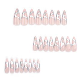 MouyouGlow Press on Nails Long Stiletto Nude Chrome Silver Aura Striped Gothic Fake Nails with Nail Glue, Silver Line Artificial Fingernails