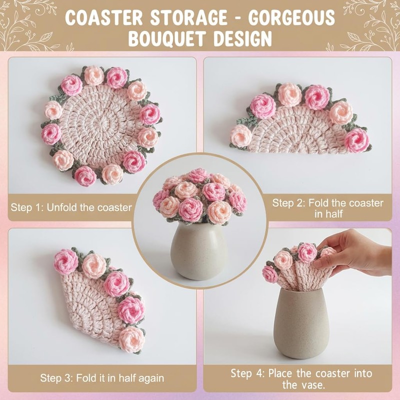 Crochet Pink Rose Floral Coaster 1-Pack - 5.1" Light Pink