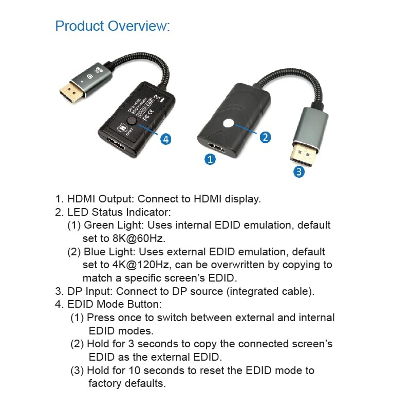 THWT 8K DP to HDMI EDID Emulator (Model: DPH8K-EWB), Supports