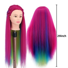 Mannequin Head with Hair, 29'' Training Head Braiding Doll Head for Hair Styling Manikin Cosmetology Mannequin Head Hair Practice Model Head with Clamp Holder (Rose Red Series)