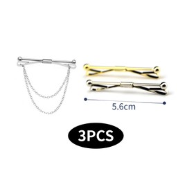 BRIOTA Pack of 3 Collar Bar Pins, Tie Collar Pin, Collar Bar with Chain, Classic Metal Tie Clips, for Anniversary, Party, Dating, Wedding (Black, Gold, Silver), Steel, Steel
