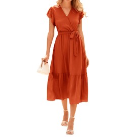 BTFBM Women Summer Bohemian Floral Casual Wrap V Neck Ruffle Cap Sleeveless Belt A-Line Pleated Hem Swing Midi Sun Dress (Solid Orange Red, Medium)