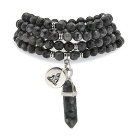 Natural 108 Mala Beads Bracelet Mindfulness Necklace with Yoga Buddha Zen Charm and Reiki Quartz Hexagonal Prism Pendant (Labradorite)