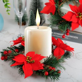 Christmas Candle Rings Set of 2, 4＂ Pinecone Red Poinsettia Wreaths for Pillar and Taper Candles - Festive Candlesticks Centerpieces for Christmas, Wedding, Thanksgiving, Party, Dinner Table Decor