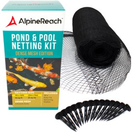 AlpineReach Koi Pond Netting Kit 7 x 10 ft Black Heavy Duty Woven Fine Mesh Net Cover for Leaves - Protects Koi Fish from Blue Heron Birds, Cats & Predators – Reusable & Stakes Included