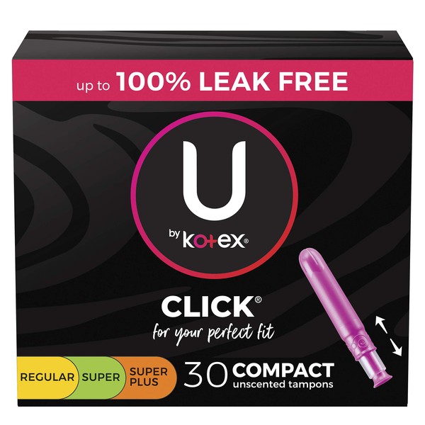 U by Kotex Click Compact Multipack Tampons, Regular/Super/Super Plus Absorbency, Unscented, 30 Count