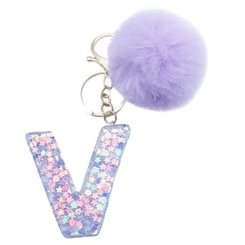 Xsclpomddy Girls Alphabet Letter Key Ring Cute Keyring Glitter with Pom Pom Tassels Resin Keychain Purple for Bag Charm, V
