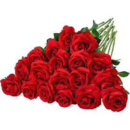 Ouddy Decor 20 Pcs Fake Red Roses Artificial Silk Flowers with Long Stems for Valentines Decor Wedding Home Party Table Centerpieces Bridal Bouquet DIY Floral Arrangment
