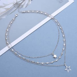 Wendalern Silver Star Choker Necklace Layered Star Pendant Necklace Layering Star Link Chain Necklace Boho Outline Pentagram Necklace Y2k Jewelry for Women