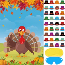 Thanksgiving Day Games Pin The Hat on The Turkey Party Games for Kids Thanksgiving Activities Pin The Tail Game Fall Autumn Party Games, Large Thanksgiving Game Poster with 36 Hat Stickers
