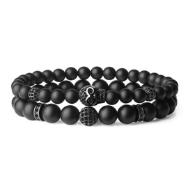 COAI CZ Pave Skull Charm Matte Onyx Stone Bracelets M