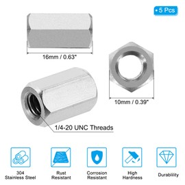 PATIKIL 5pcs 1/4"-20 UNC 304 Stainless Steel Hex Coupling Nuts 0.63" Length Full Threaded Rod Joint Nuts Stud Connectors Fasteners, Silver Tone