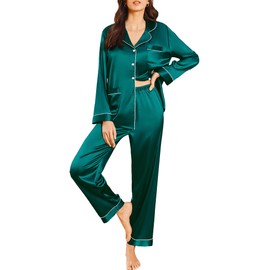 Ekouaer Silk Pajamas for Women Classic Button Down Satin Pajama Sets Long Sleeve Lounge Set Lake Blue