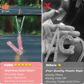 Bling Pink Car Accessories for Women Letter Charm, Rainbow Color Rear View Mirror Cute Crystal Pendant Car Decorations, Lucky Gifts Diamond Rhinestone Charm Letter V