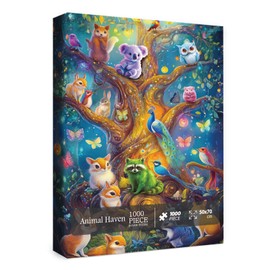 Animal Tree of Life Puzzle for Adults 1000 Pieces, Fantasy Treehouse Jigsaw Puzzle, Colorful Cute Owl Bird Bunny Butterfly Deer Puzzle