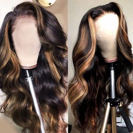 haha Brown Highlight Ombre Lace Front Wig Body Wave Human Hair Blend Wig Honey Blonde Highlight Lace Closure Wigs 4X4 Glueless Pre Plucked Balayage P1B/30 180% Density 28 Inch
