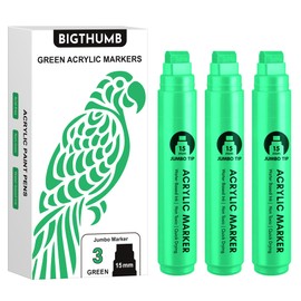 BIGTHUMB 3 Pcs Green Jumbo Permanent Markers: 15mm Wide Tip Thick Acrylic Paint Pen Large Calligraphy Marker for Rock Painting, Poster, Sign, Canvas, Glass, Wood, Ceramic