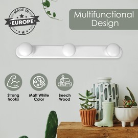 Kukicu White Wooden Wall Coat Rack 3 Hooks Wall Hooks Nordic Design for Entryway Bedroom Living Room Kids White