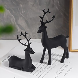 Nicoxijia 2 Pack Resin Christmas Reindeer Figurines Deer Statues,Resin Reindeer Christmas Decoration, Xmas Elk Statues Home Office Decor (Black, One Size)
