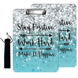 Plastic A4 Clipboard and Flannel Pen Bag Combination, Low Profile Metal Clip, Decorative, Office, Learning, Cute Clipboard Letter Size 12.5" x 9" - Stay Positive Work Hard and Make It Happen