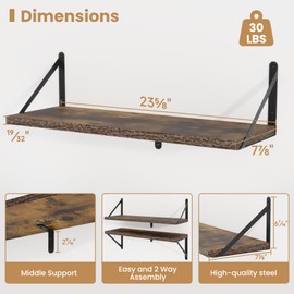 Heimlove 24 Inches Rustic Brown Floating Shelves,8 Inches Deep Wall Bookshelf Mounted Display&Storage Wood Wall Shelves for Kitchen Bathroom Laundry Living Room,Set of 3