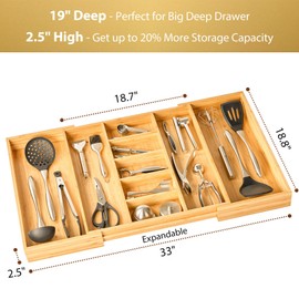 Umilife Extra Large Expandable Kitchen Drawer Organizer for Utensil and Junk, 19" Deep for Big Drawer, 19" to 33" Adjustable Bamboo Wood Drawer Divider, Cutlery Tray, Flatware Holder