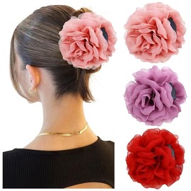 Dizila 3 Pieces Large Tulle Rose Flower Hair Claws Clips Floral Bun Updo Holders Hair Barrettes Headpieces for Women Girls (Coral Pink+Fuchsia+Red)