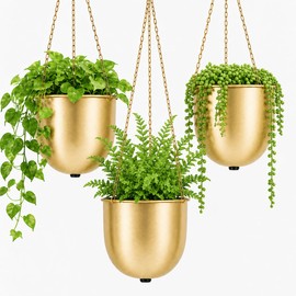 AceList Gold Hanging Planter Set of 3 — Elegant Wall Decor for Indoor Plants, Hanging Planters for Indoor Plants with Chains and Drainage Hole, Boho Home Decor for Living Room (5"+5.5"+6.3")