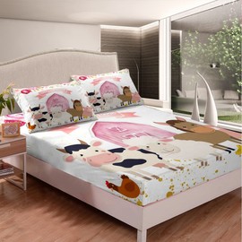 Juego de sábanas bajeras de vaca de tamaño individual para niños, niñas, adolescentes, lindas sábanas de cerdo, oveja, pollo, transpirable, bolsillo profundo, decoración rústica de habitación de campo