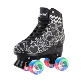 Skate Gear Extra Support Quad Roller Skates for Kids and Adults (Graphic Black w LED, Women's 5 / Youth 4)