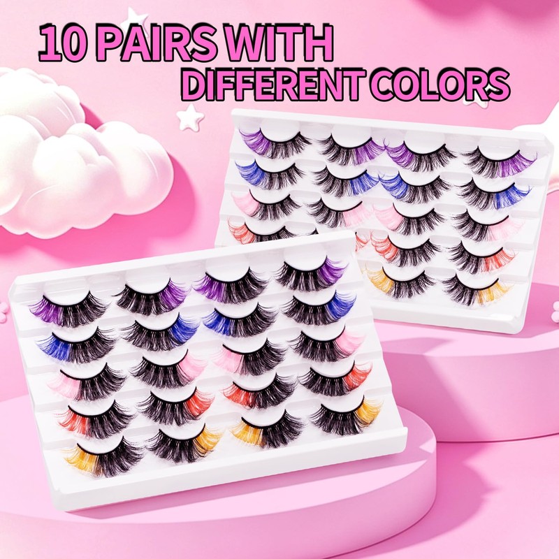 10 Pairs of Coloured Eyelashes, 3D Colourful Artificial Eyelashes (Colour