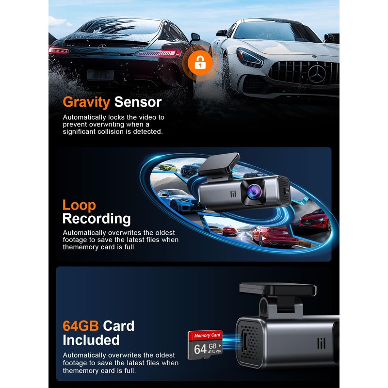 galphi 4K Dash Cam Front, Built-in 5G WiFi, 64GB Card