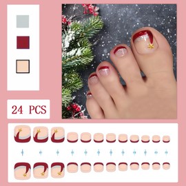 Christmas Red French Press on Toenails Short Square Fake Toenails Santa Hat Toe Nail Tips Silver Glitter French False Toenails Full Cover Glossy Christmas Acrylic Toe Nails Decorations for Women 24Pcs
