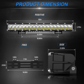 Autofeel 15 Inch LED Light Bar - Single Row License Plate Light 6000K 6000LM Flood Off Road & Fog Lights for Truck, SUV, ATV, UTV, Boat