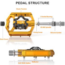 GEWAGE Bicycle Pedals, Flat Double Function and SPD Pedal with Reflectors, Flat Platform with 3 Bearings, 9/16 Inch Aluminium Click Pedals with Cleats for Road Bike, MTB (Gold)