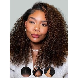 Sunber EasiContour V Part Human Hair Ombre Chestnut Brown Curly Glueless Wig Upgrade Vpart Wigs No Leave Out No Gel 180% Density V Shape Clip Wigs No Sew in Ready to Go Beginner Friendly 26Inch