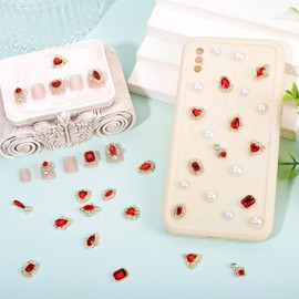 KISSITTY 48pcs Nail Art Rhinestones Flat Back Rhinestone Crystal Cabochons Red Color Heart Teardrop Rectangle Shape Small Embellishments for Nail Art Craft Decoration Jewelry Making