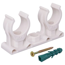 SKIR'CO Pack of 50 Double Pipe Clamps, Plastic Clamps for 16-18 mm Pipes, U-Type Pipe Clamp, Pipe Clamps White Clips, Hose Hanger