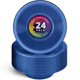 DecorRack 24 Small Plastic Bowls, 7 inch Disposable 12 oz Serving Bowl, Fruit Snack, Popcorn, Soup, and Salad, Kids Birthday and Holiday Party Supplies, Blue (Pack of 24)