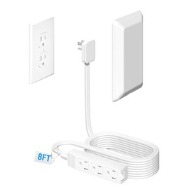 H HUNLEE 8FT Flat Plug Extension Cord with 3 Outlet Power Strip,Ultra Thin Outlet Concealer with Outlet Covers Baby Proofing,Flat Face Outlet Extender for Home,Bedroom,Kitchen with ETL Listed,White