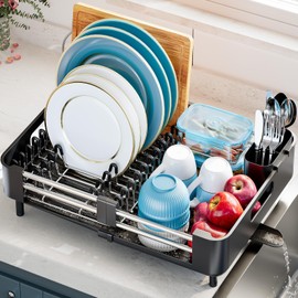 Dish Drying Rack for Kitchen Counter, Extendable Dish Rack with Drainboard, Collapsible dish drainer, Expandable Dish Strainer with Cutlery Holder, Foldable Home Countertop Plate Storage Rack, Black