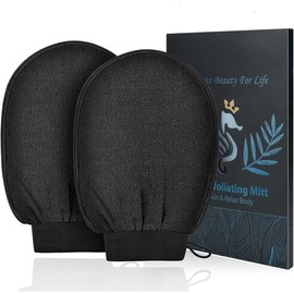 Exfoliating Gloves 2 Pcs, Exfoliating Body Scrubber for Bath Shower Exfoliation, Body Scrub Exfoliator Loofah Sponge for Dead Skin Remover, Korean Exfoliating Mitt (Black) - Colour: Black