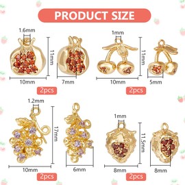 BENECREAT 8Pcs 4 Styles Real 18K Gold Plated Micro Pave Cubic Zirconia Pendants, Cherry Strawberry Grape Pomegranate Long-Lasting Plated Brass Fruit Charms for Wedding DIY Jewelry Making