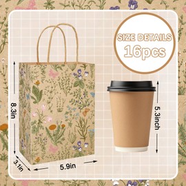 JarThenaAMCS 16 Pcs Spring Wildflower Paper Gift Bag Vintage Floral Kraft Treat Bags with Handles Candy Goodie Bags for Birthday Wedding Party Favors Supplies
