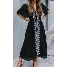 L-Peach Women's Summer Beach Tunic Beach Dress Summer Dress Beach Shirt Maxi Kaftan Swimwear Cover Up - Black embroidery