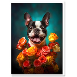 Boston Terrier with Flowers All Occasions Greeting Card from Unique Dog Party Delights Collection Large 5x7 Inch Blank Inside with Envelope