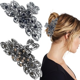 2 PCS Vintage Hair Claw Clips Flower Large Claw Hair Clips Shiny Rhinestone Hollow Flower Claw Clips Retro Metal Hair Clips Antique Silver Plated Hair Clamps Crystal Hair Accessories for Women Girls