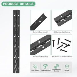 M METERXITY 6-Pack Piano Hinges, 12 Inch / 300mm 304 Stainless Steel Continuous Piano Hinge with Holes and Screws for Cabinets Door/Storage Box [1.2X 0.04/ 30x 1mm Open Width Thick, Black]