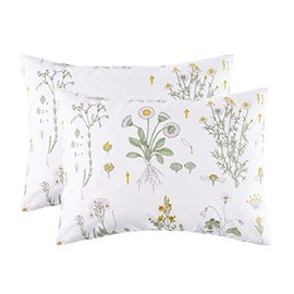 Wake In Cloud - Pack of 2 Pillow Cases, 100% Cotton Pillowcases, White with Yellow Botanical Flowers Green Leaves Floral Garden Pattern Printed (Standard Size, 20x26 Inches)