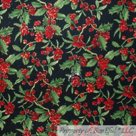 Signature BonEful Fabric FQ Cotton Quilt Black Red Green Tree Holly Berry Gold Metallic US